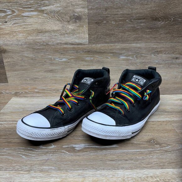 Converse CT Street Mid-Black Leather- Rainbow Laces Men s Size 8 - Picture 1 of 6